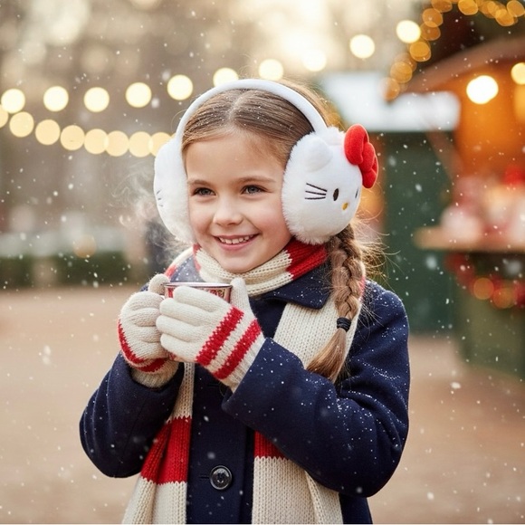 Hello Kitty Other - Hello Kitty White & Red Plush Earmuffs for Kids with Bow